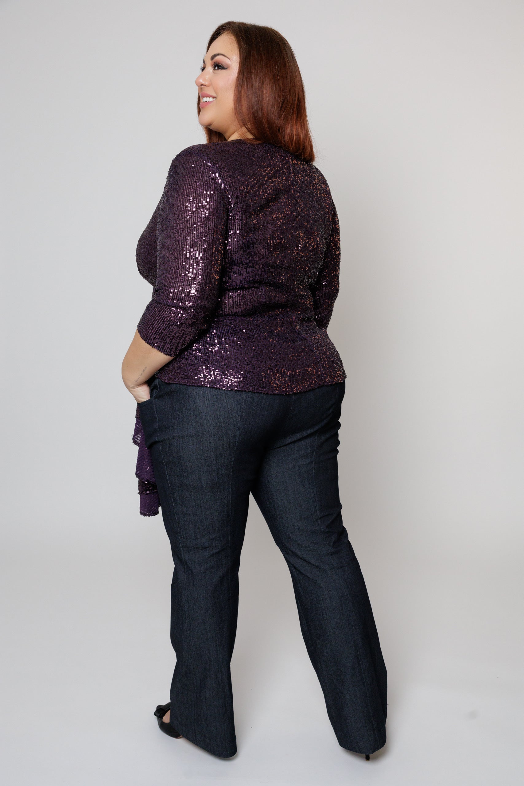 Plum Sequin Faux Wrap Blouse