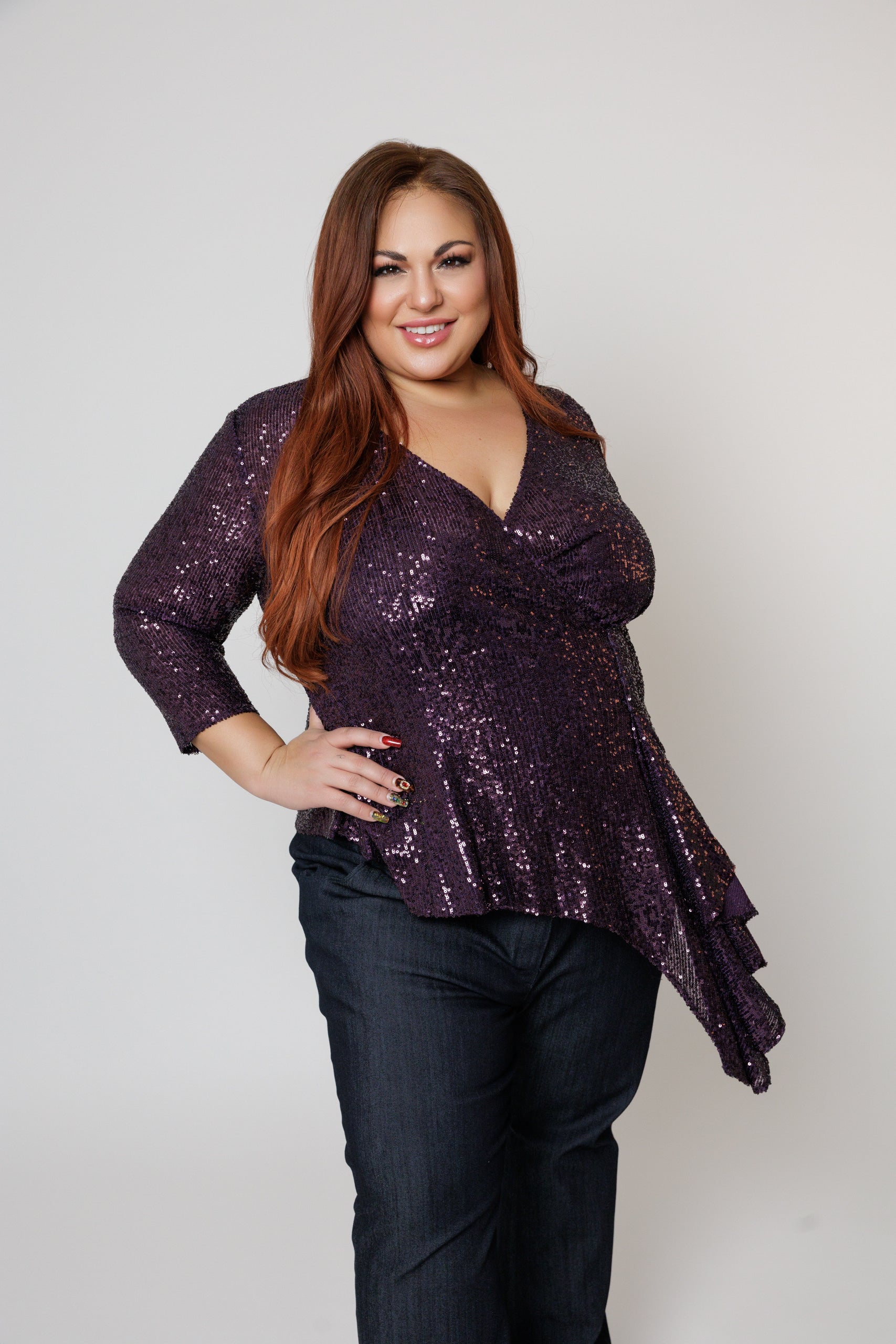 Plum Sequin Faux Wrap Blouse