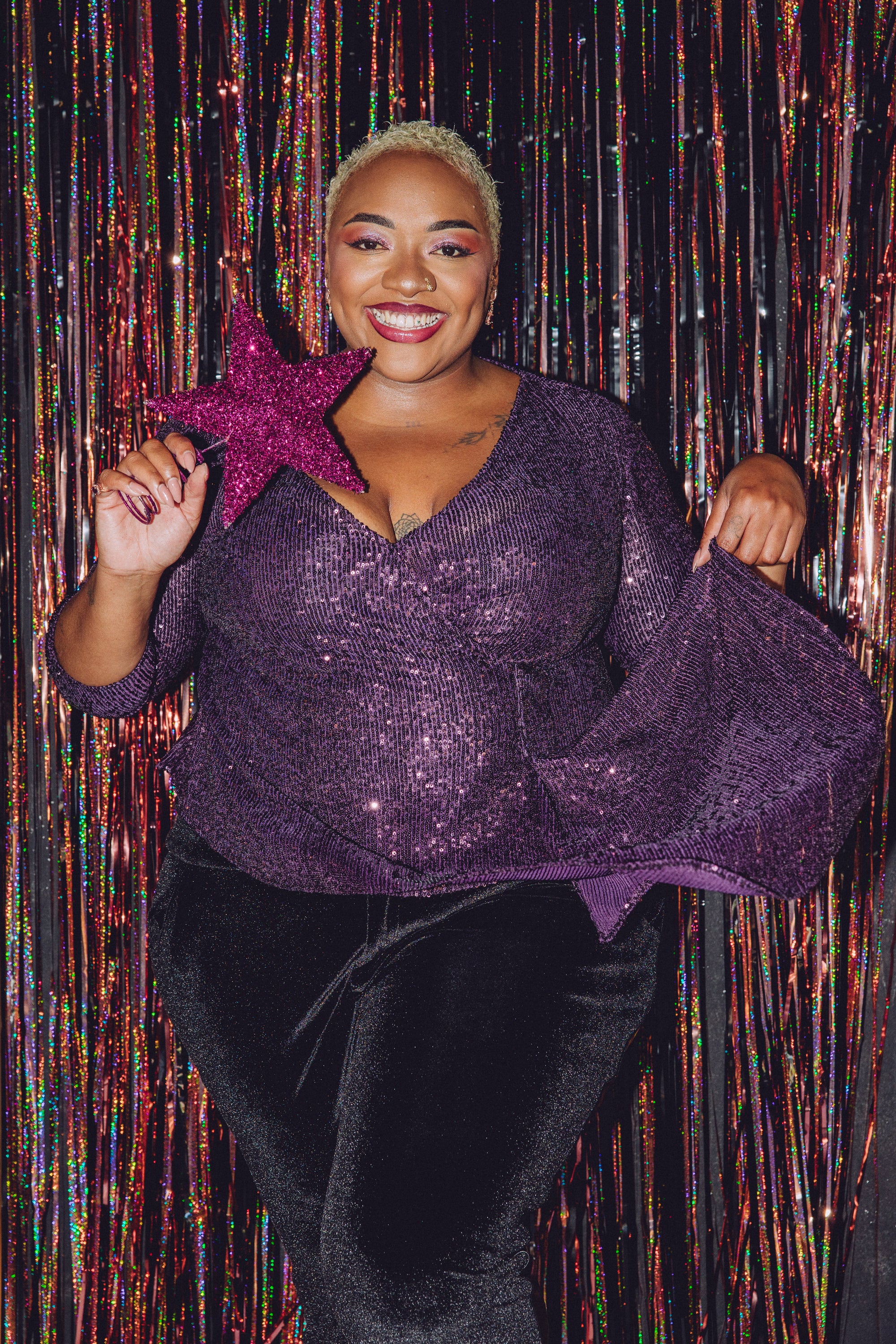 Plum Sequin Faux Wrap Blouse