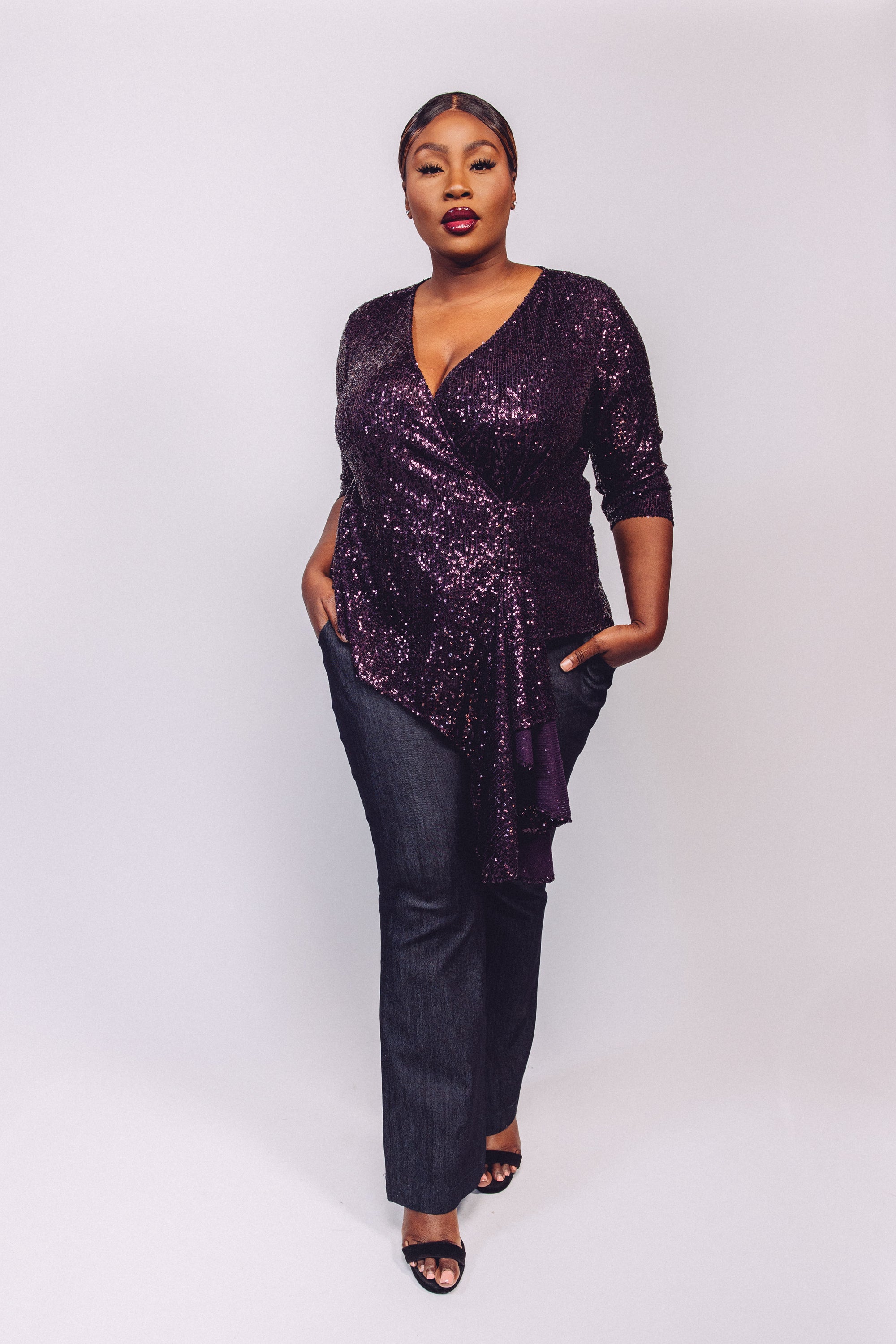 Plum Sequin Faux Wrap Blouse